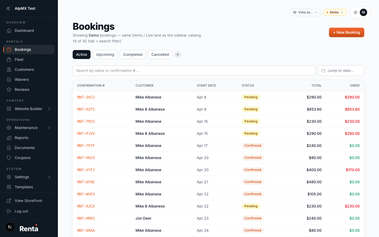 Renta bookings calendar