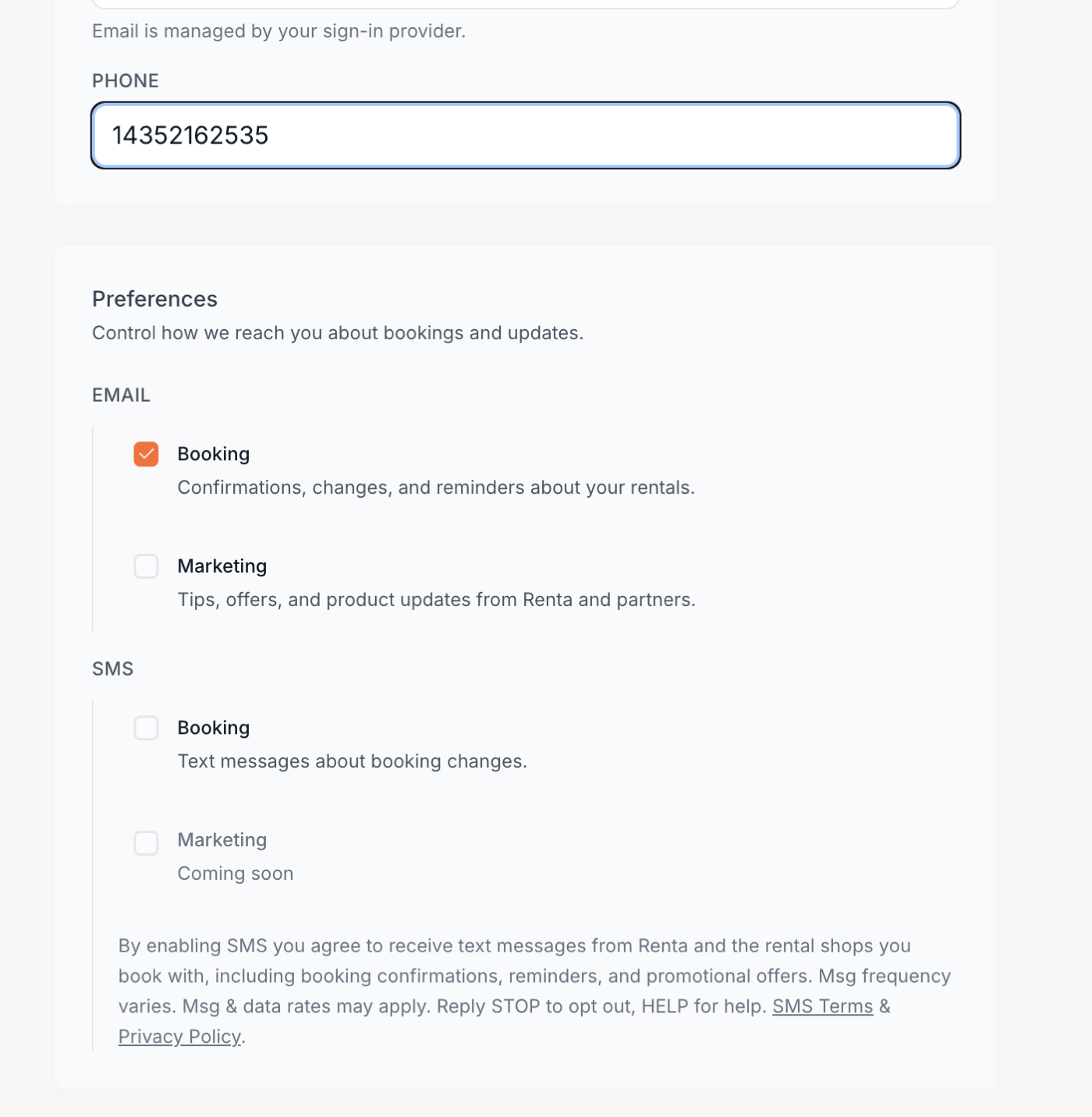 SMS preferences toggles on the customer account settings page