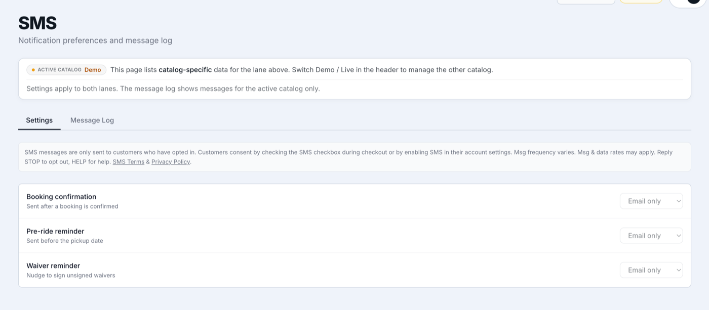 Admin SMS notification settings with consent disclosure