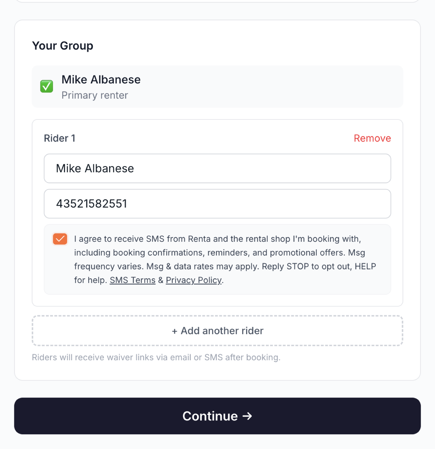 SMS consent checkbox shown during checkout next to the rider phone number field